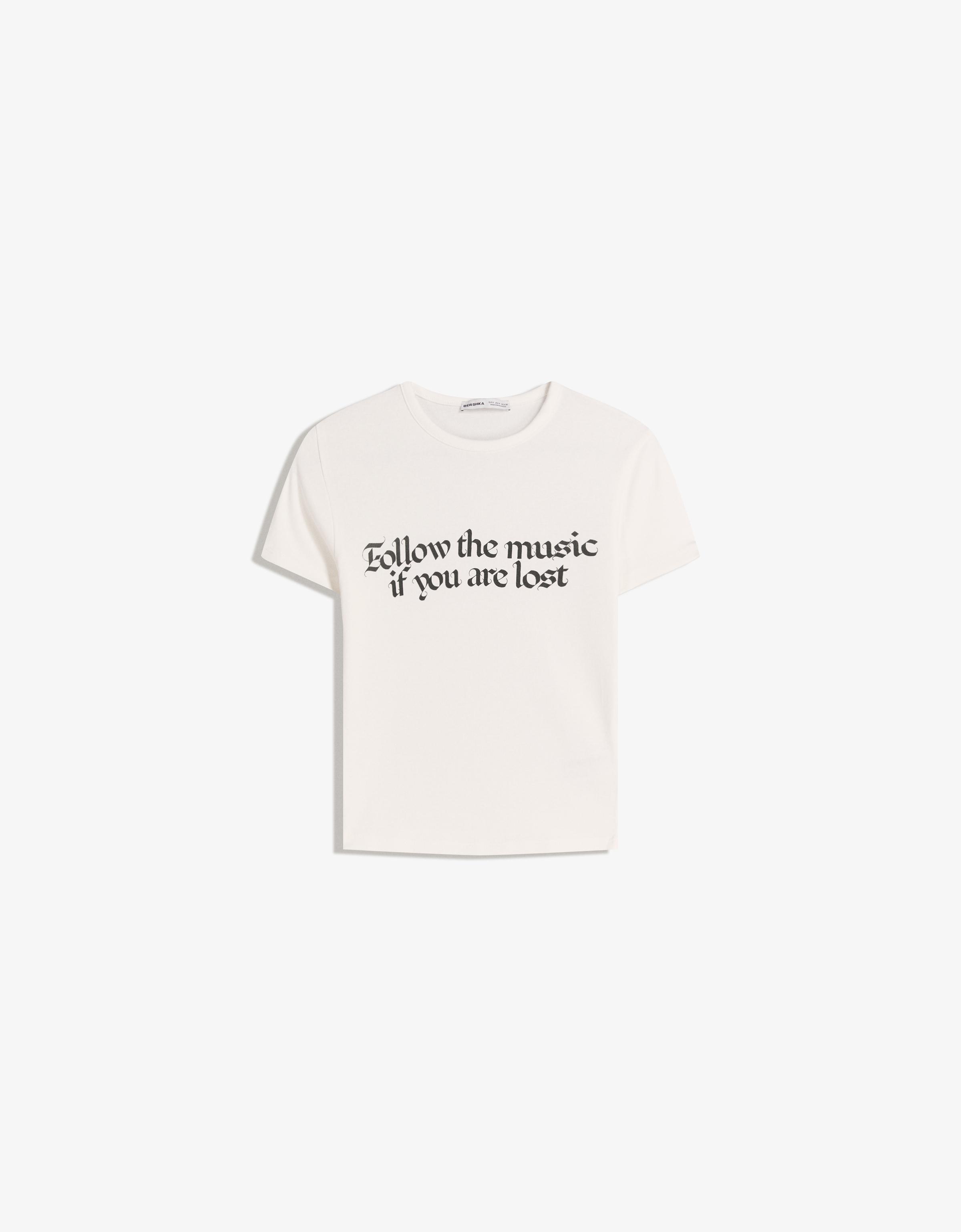 Bershka Camiseta Manga Corta Print Mujer L Blanco Roto