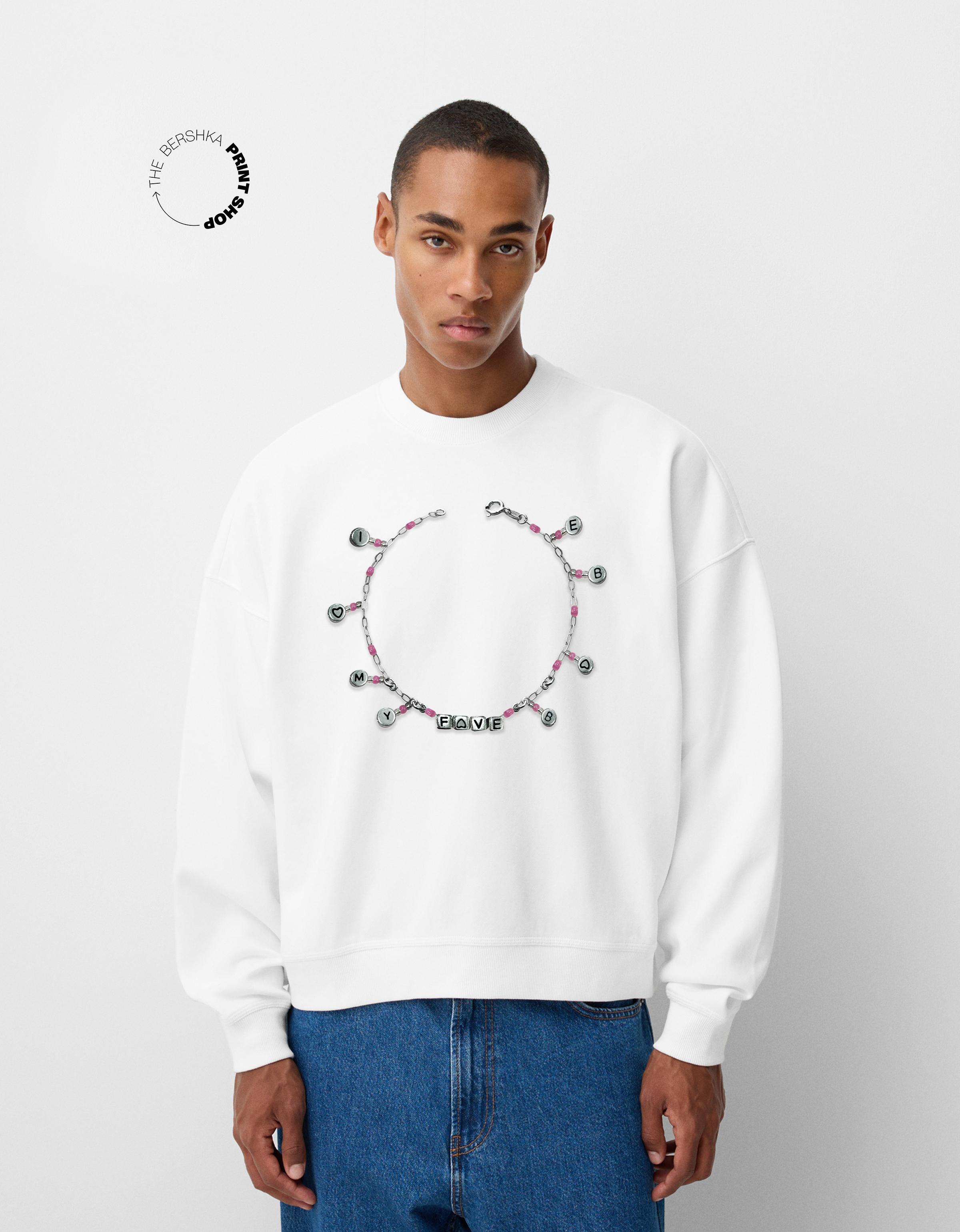 Bershka Hoodie Aus Plüsch Mit Print Herren Xs Weiss