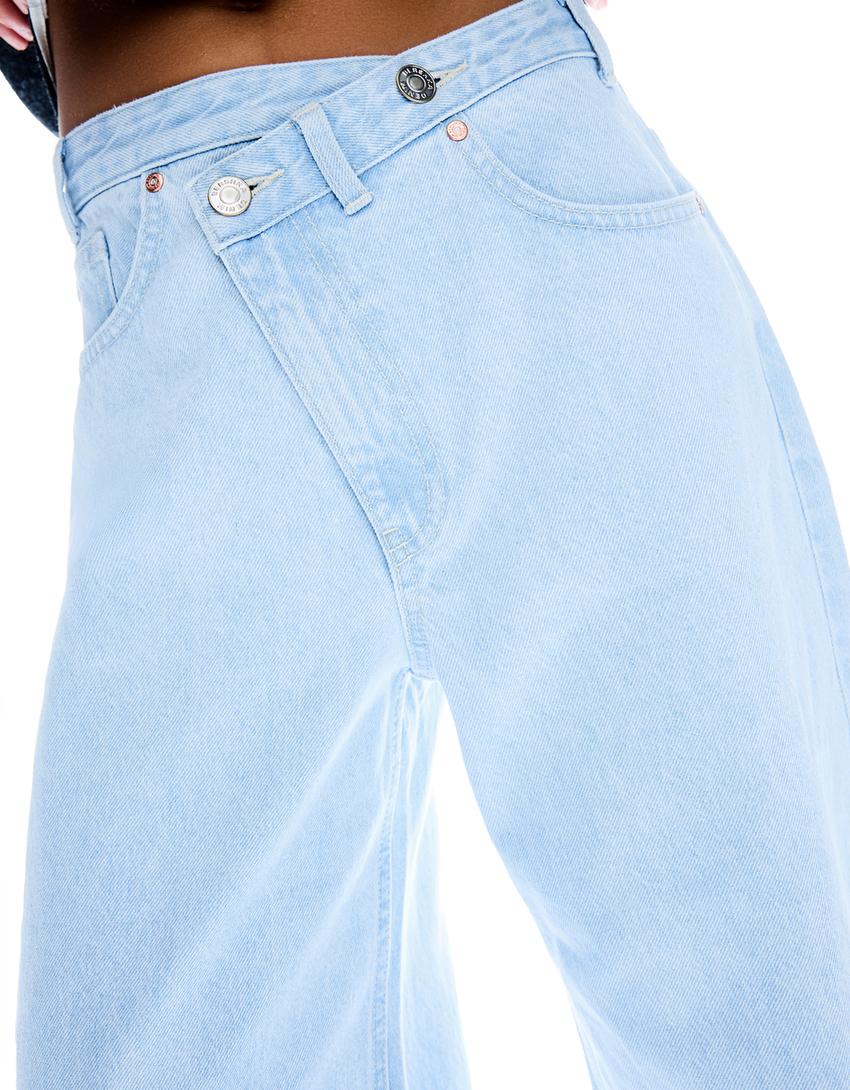 Traperice širokih nogavica visokog struka s preklopljenim pojasom-Svjetloplava