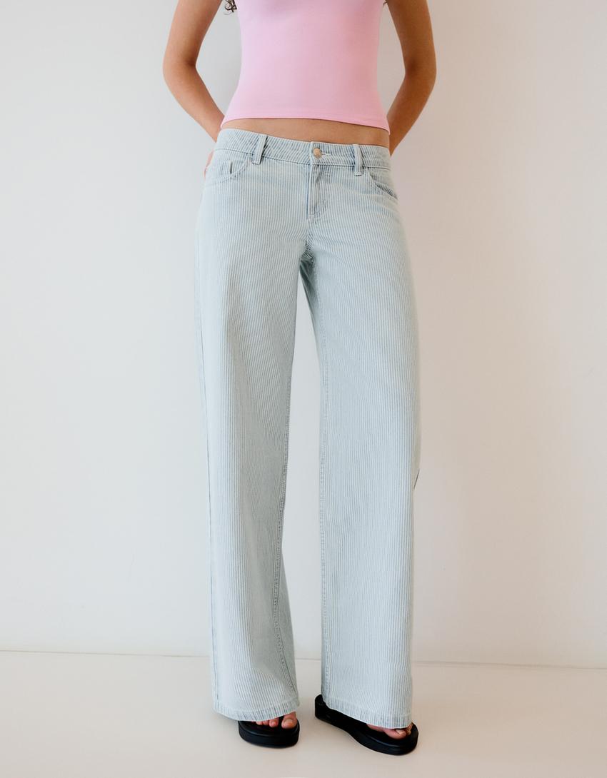 Ravne prugaste hlače-Isprana plava