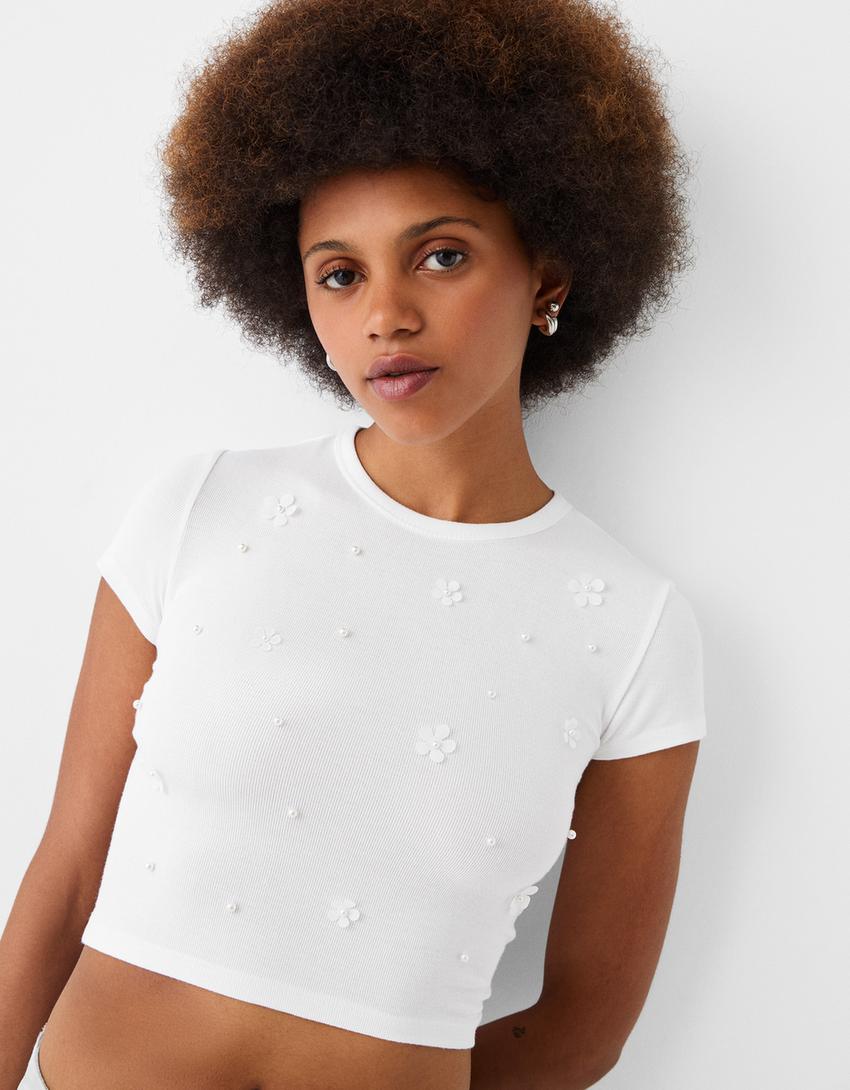 Cropped short sleeve T-shirt with detail-Cream-2