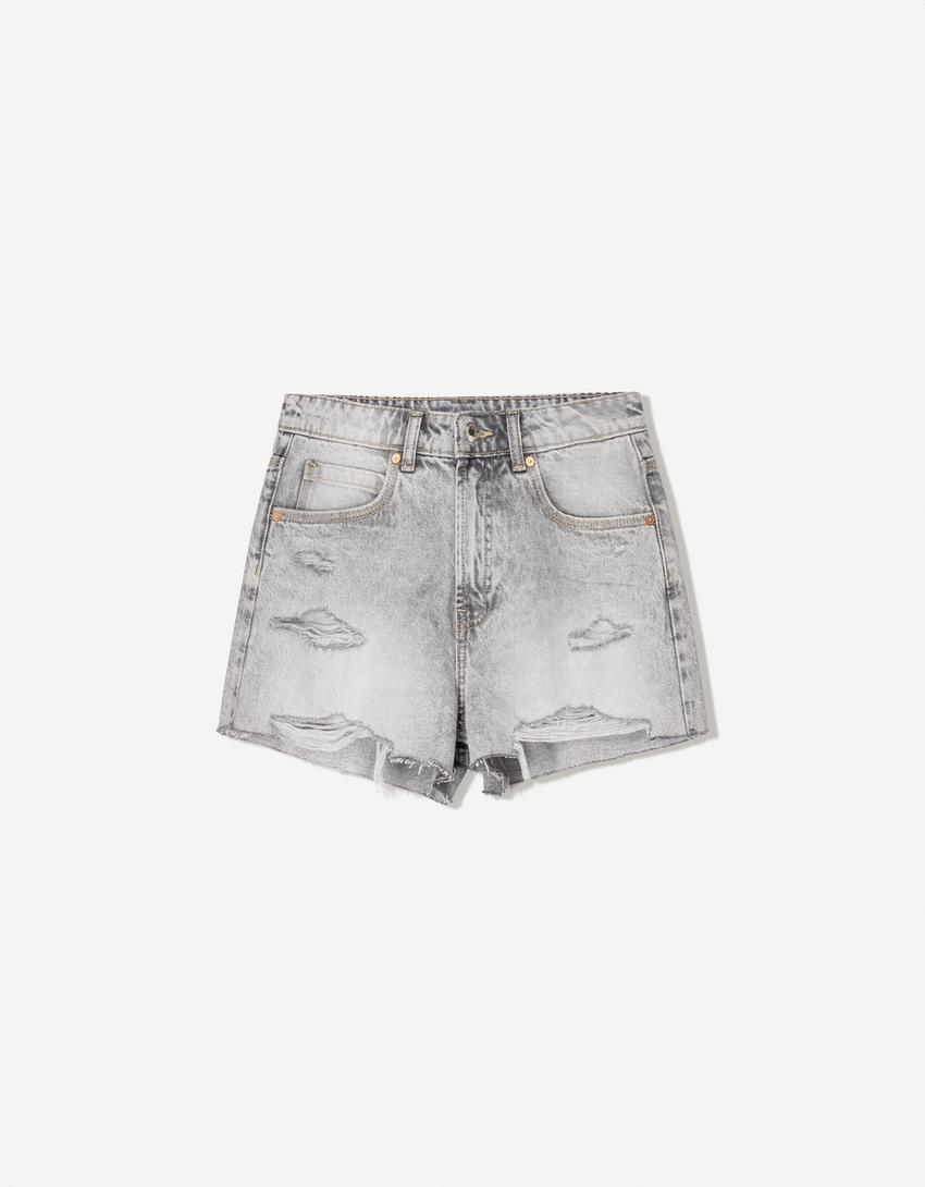 Ripped denim shorts-Grey