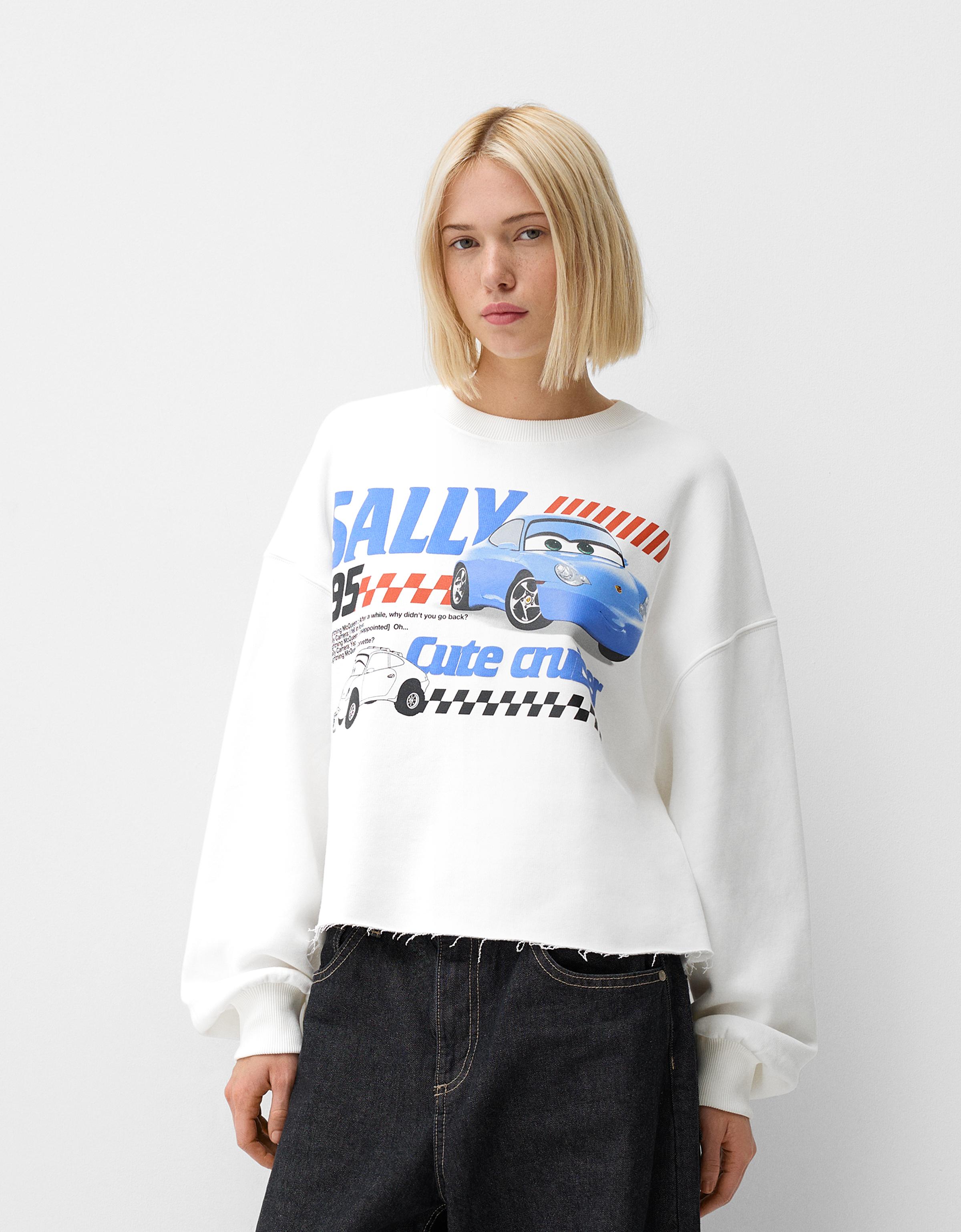 Bershka Cropped-Sweatshirt Cars Damen 10-12 Weiss