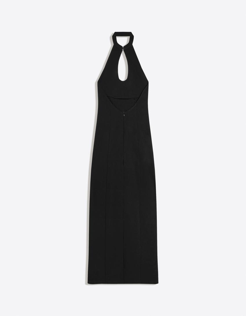 Halter yaka midi elbise-Siyah