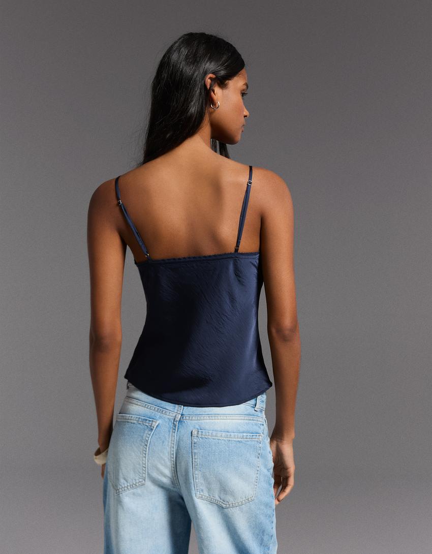 Top de cetim com renda-Marinho