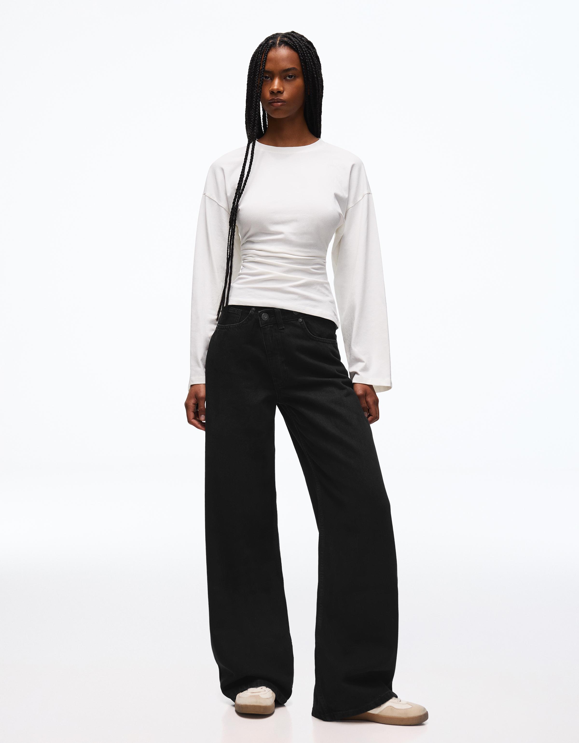 Wide-leg cross-waist jeans — Black