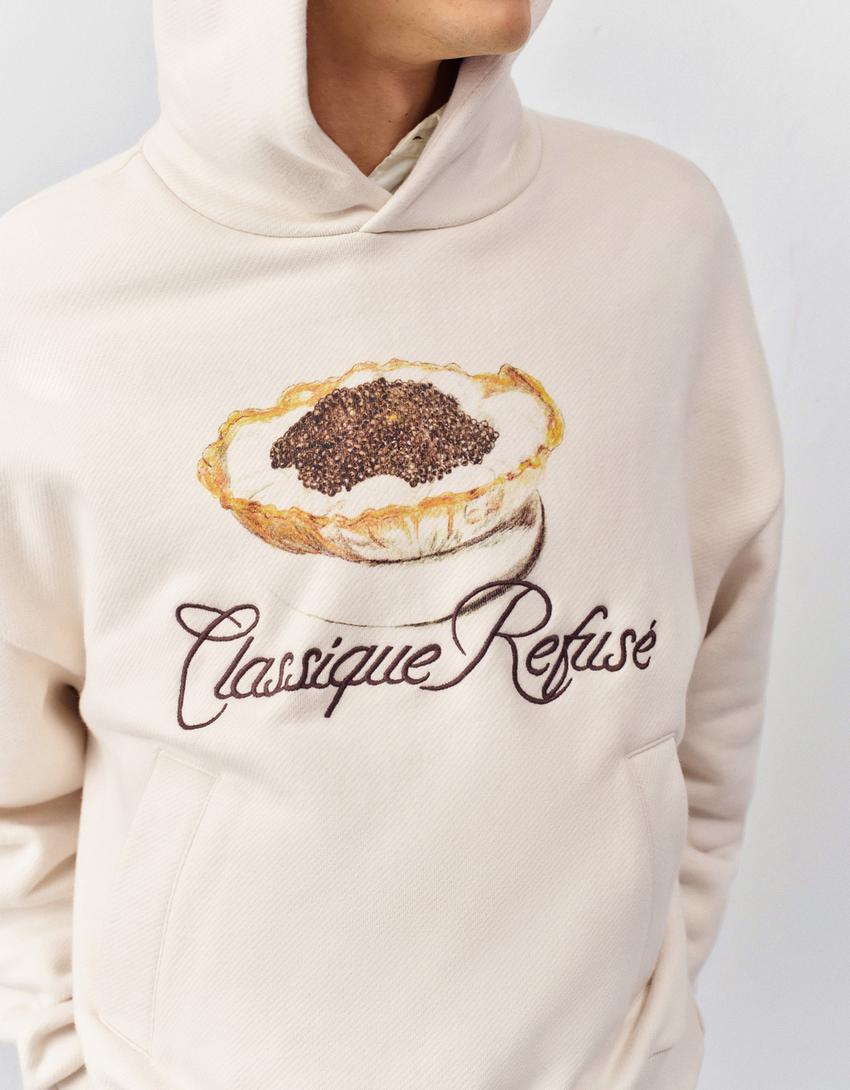Hoodie met geborduurde print-Ecru