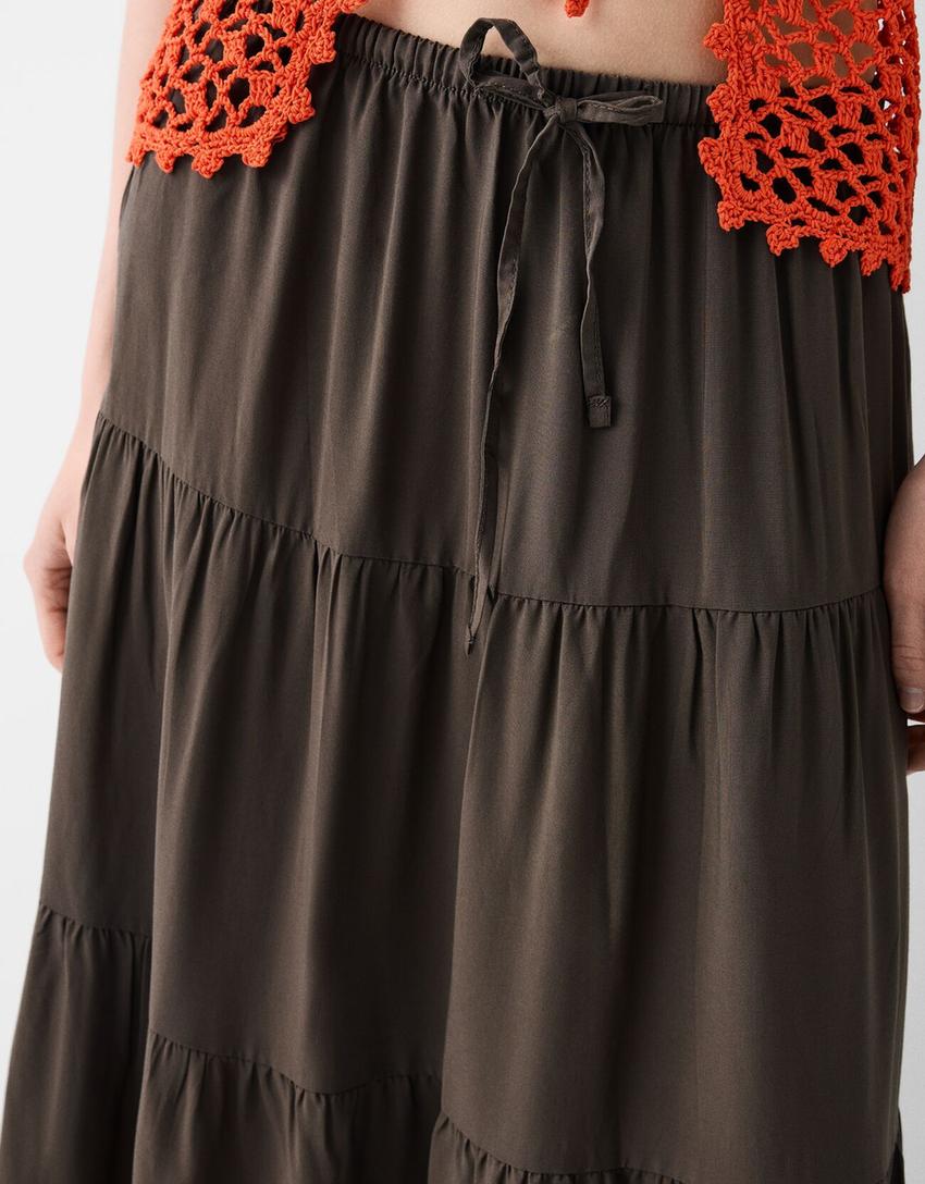 Midi skirt with elastic waist-Brown-5