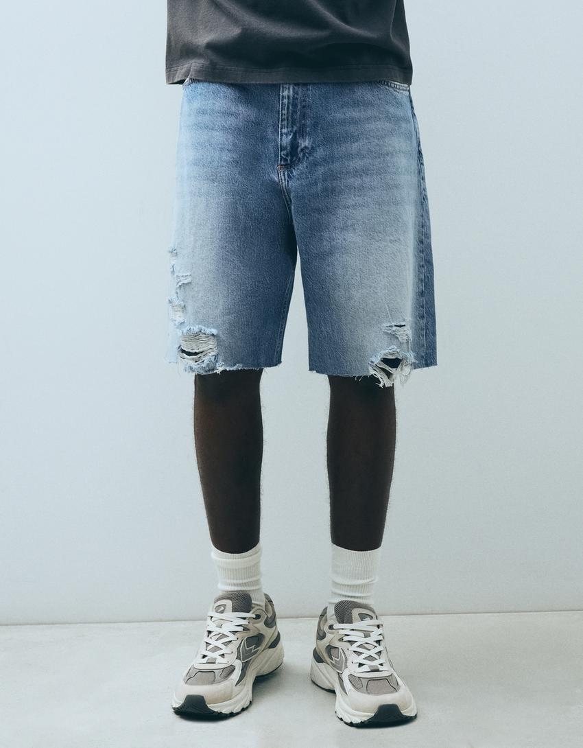 Bermuda denim strappati-Azzurro
