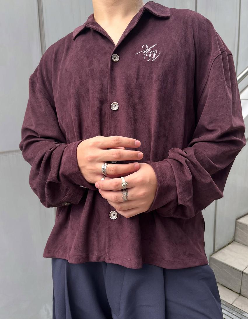Camisa larga boxy efeito de camurça bordada-Grená