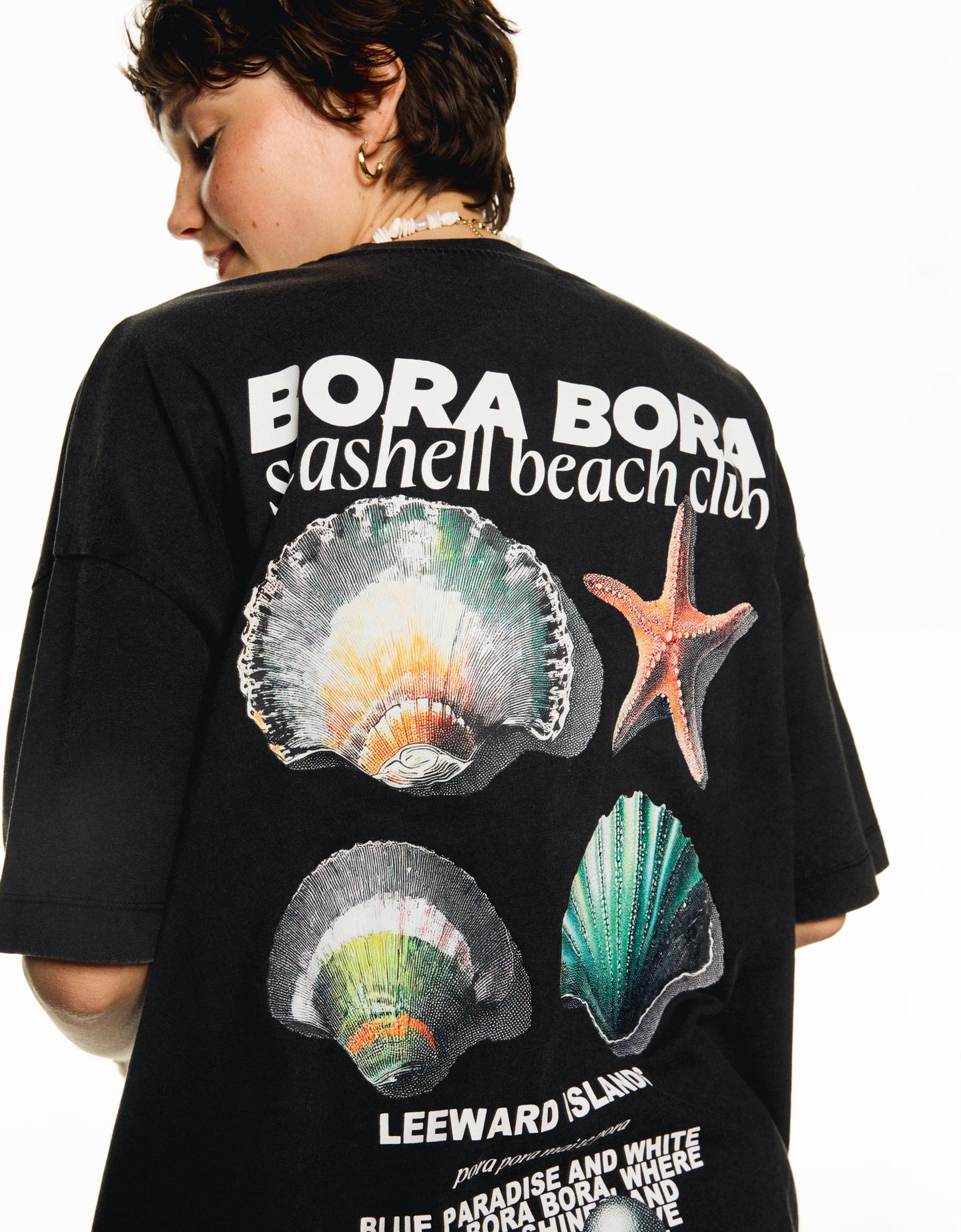 Bershka Camiseta Manga Corta Print Mujer L Gris