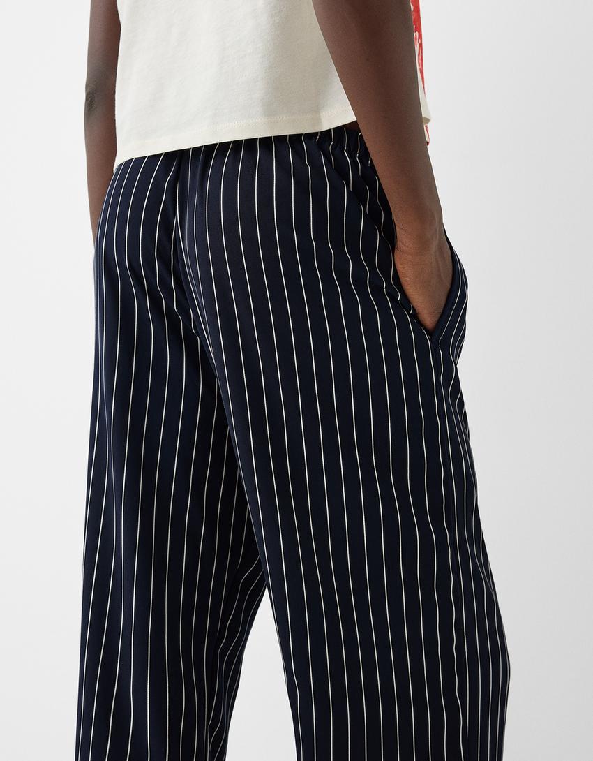 بنطال من مزيج كتان بقصّة مستقيمة وخصر مرن-كحلي-5