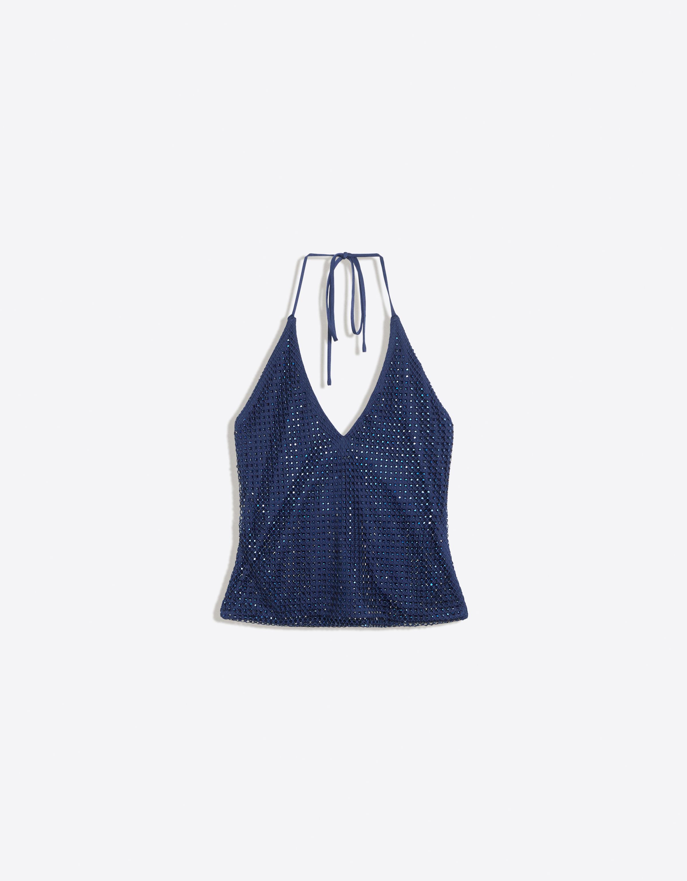 Bershka Top Halter – Efekt: Biżuteryjne Zdobienia Kobieta Ciemnoniebieski