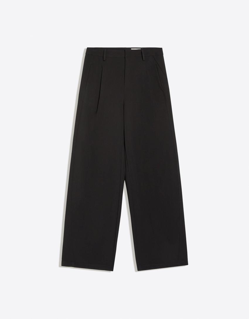 Double-layered darted trousers-Black