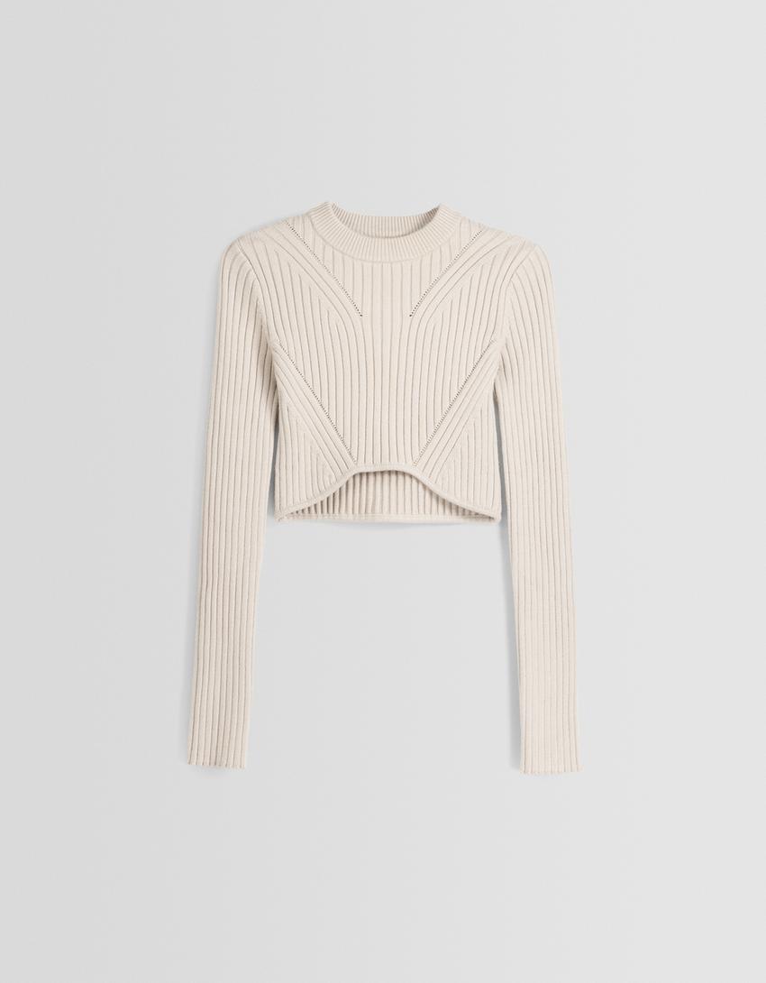 Ribbed knit cropped sweater-Grey