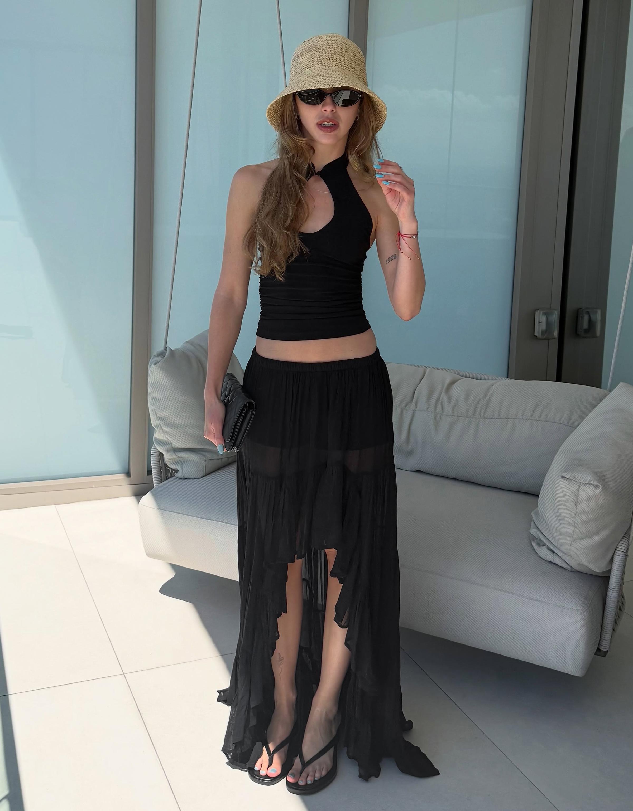 Bershka Falda Larga Volantes Transparencias Mujer L Negro