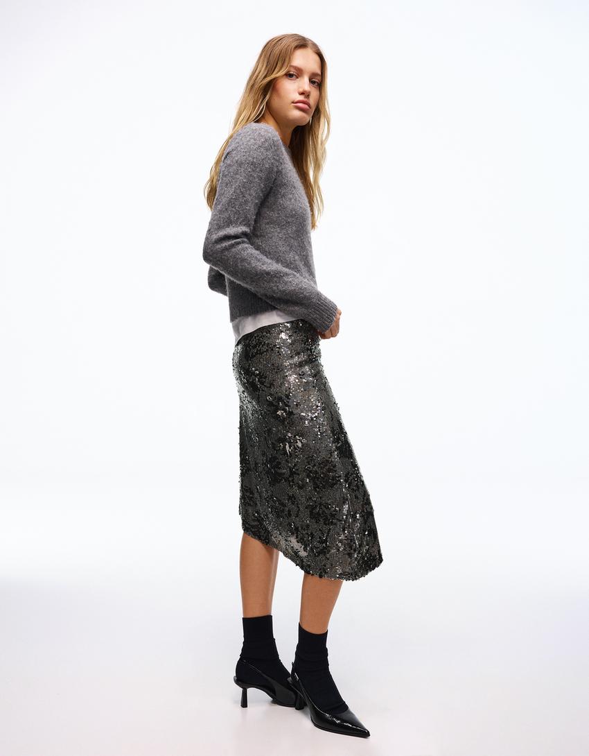 تنورة متوسطة الطول غير متماثلة بترتر-رمادي داكن