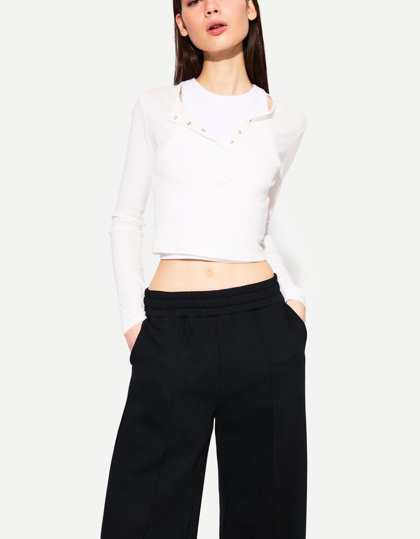 Wide leg plush trousers-Black-1