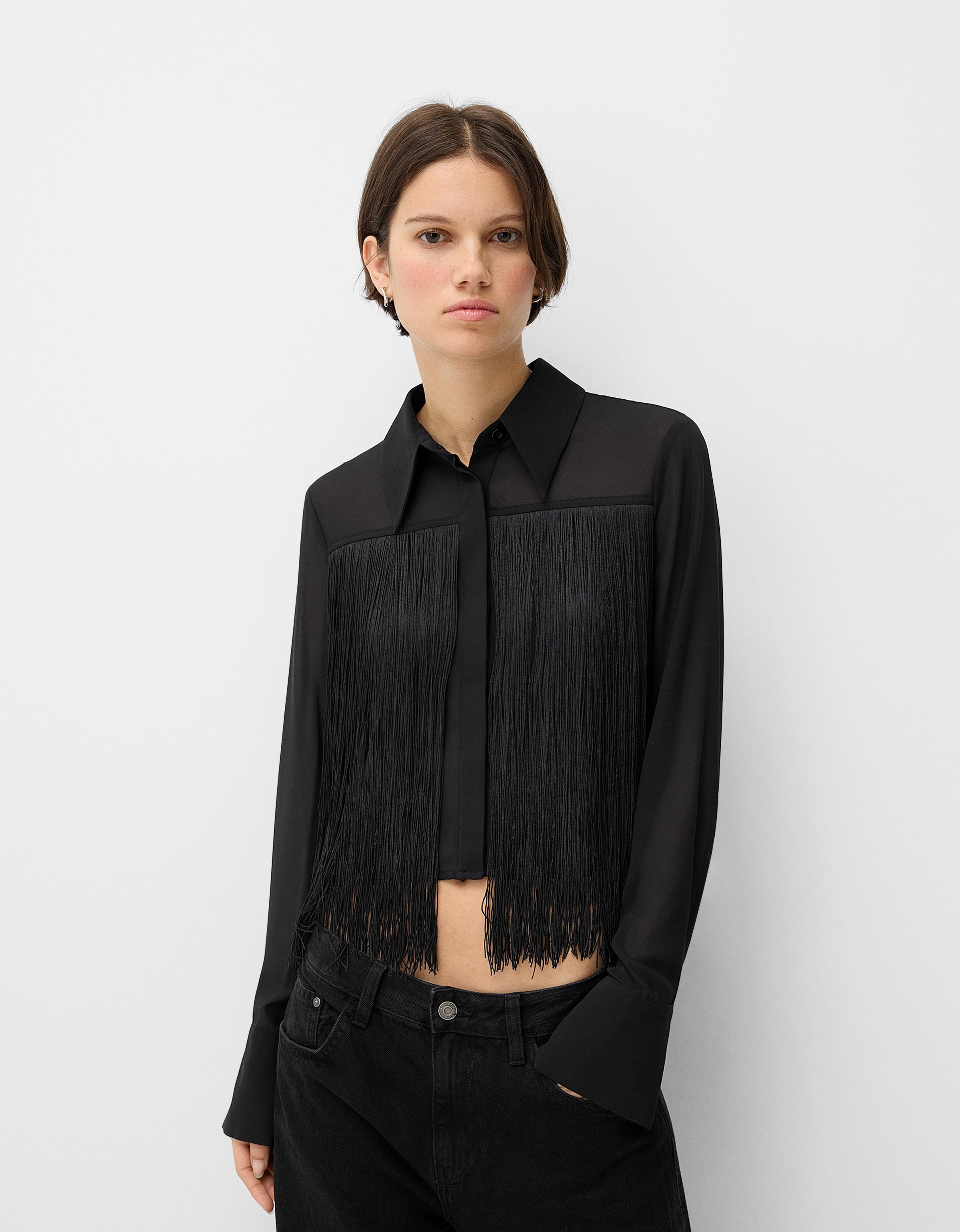 Bershka Hemd Aus Chiffon Mit Langen Ärmeln Und Fransen Damen M Schwarz