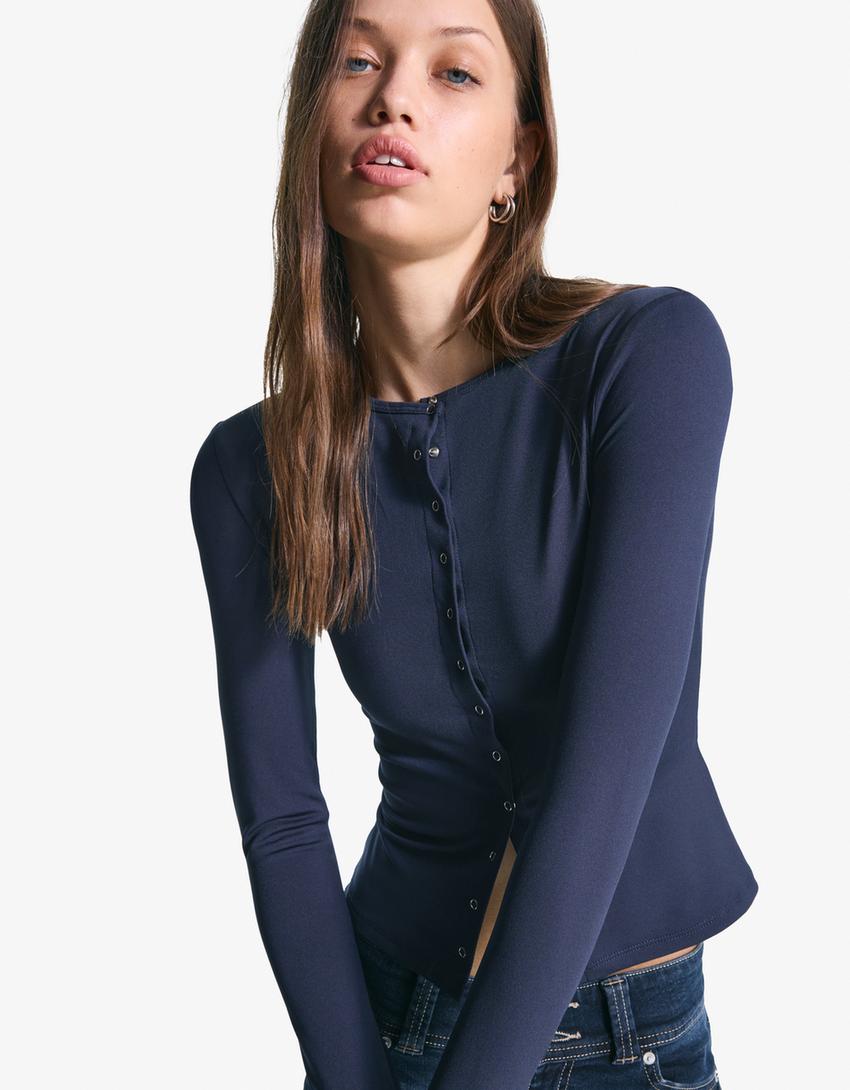 Long sleeve T-shirt with buttons-Navy-0