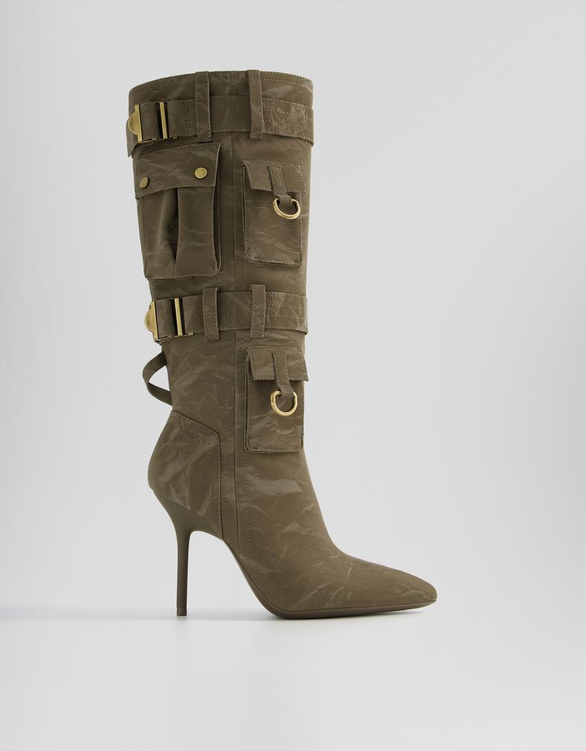 Multi-pocket high-heel boots with metal details-KHAKI