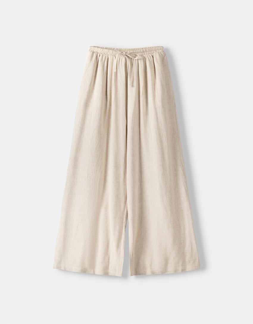 Culottes with linen and an elastic waist-Cream-4