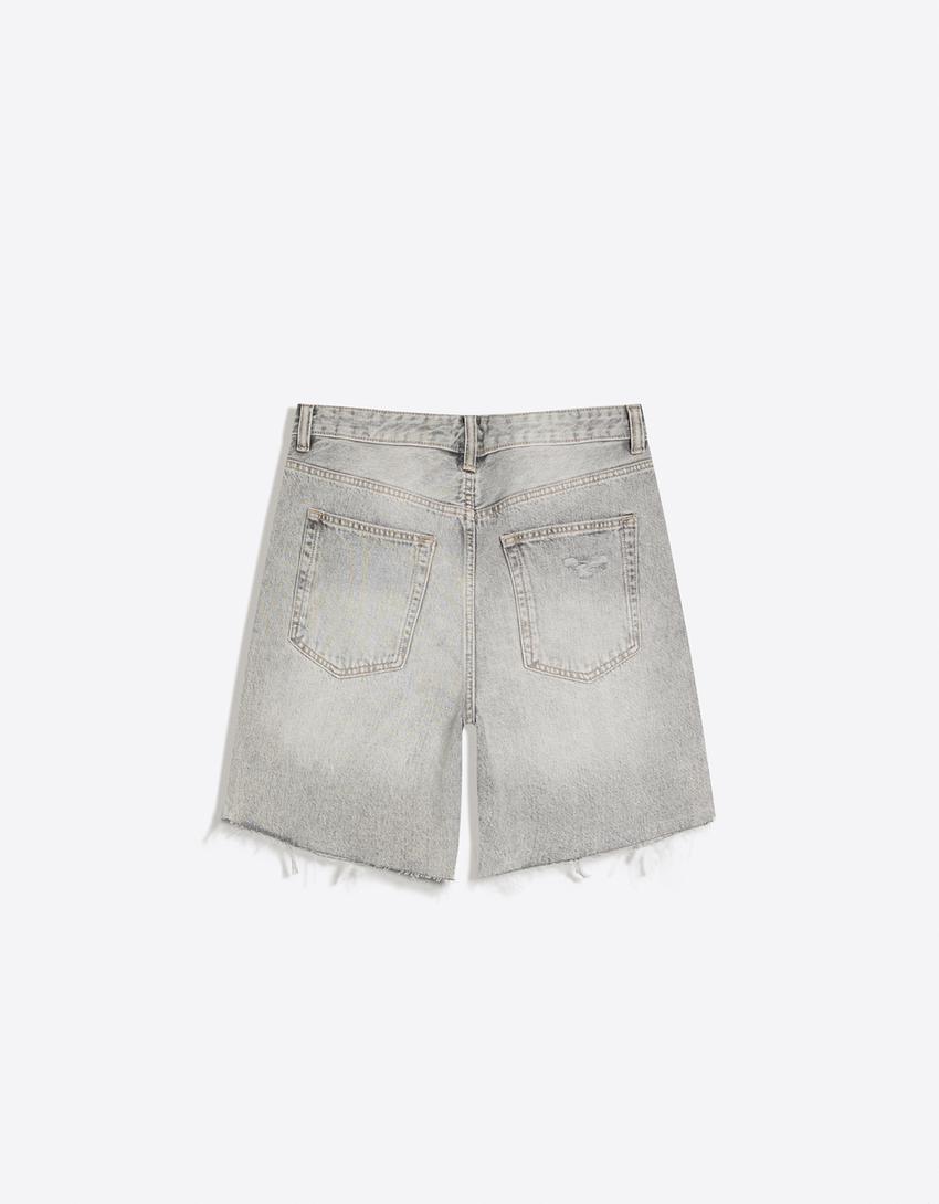 Ripped denim Bermuda shorts-Grey