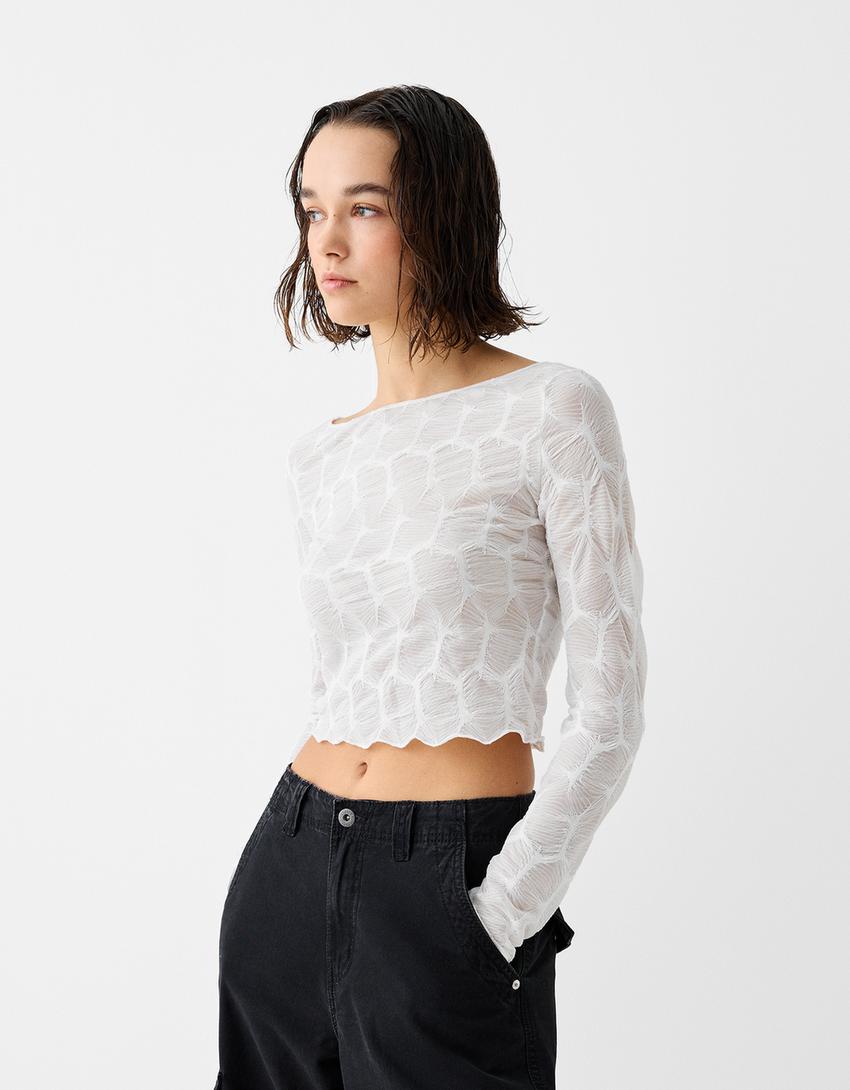 Long sleeve textured Bardot T-shirt-Off white-1