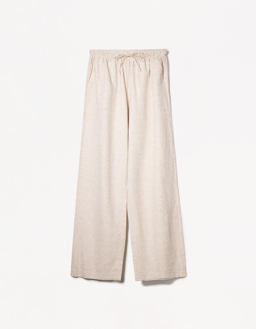 Linen blend trousers with an elasticated waistband-Cream