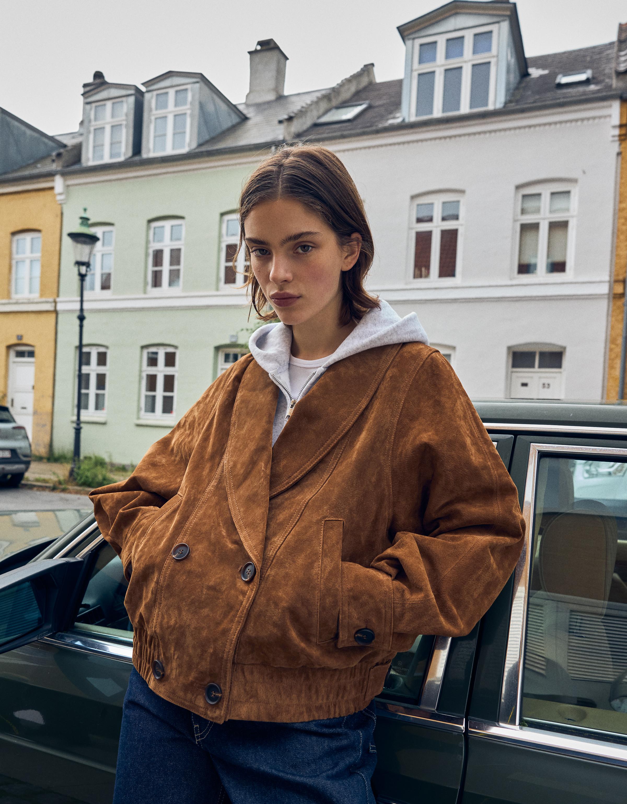 Bershka Jacke Aus Leder Und Wildleder In Wickeloptik Damen Xs-S Braun