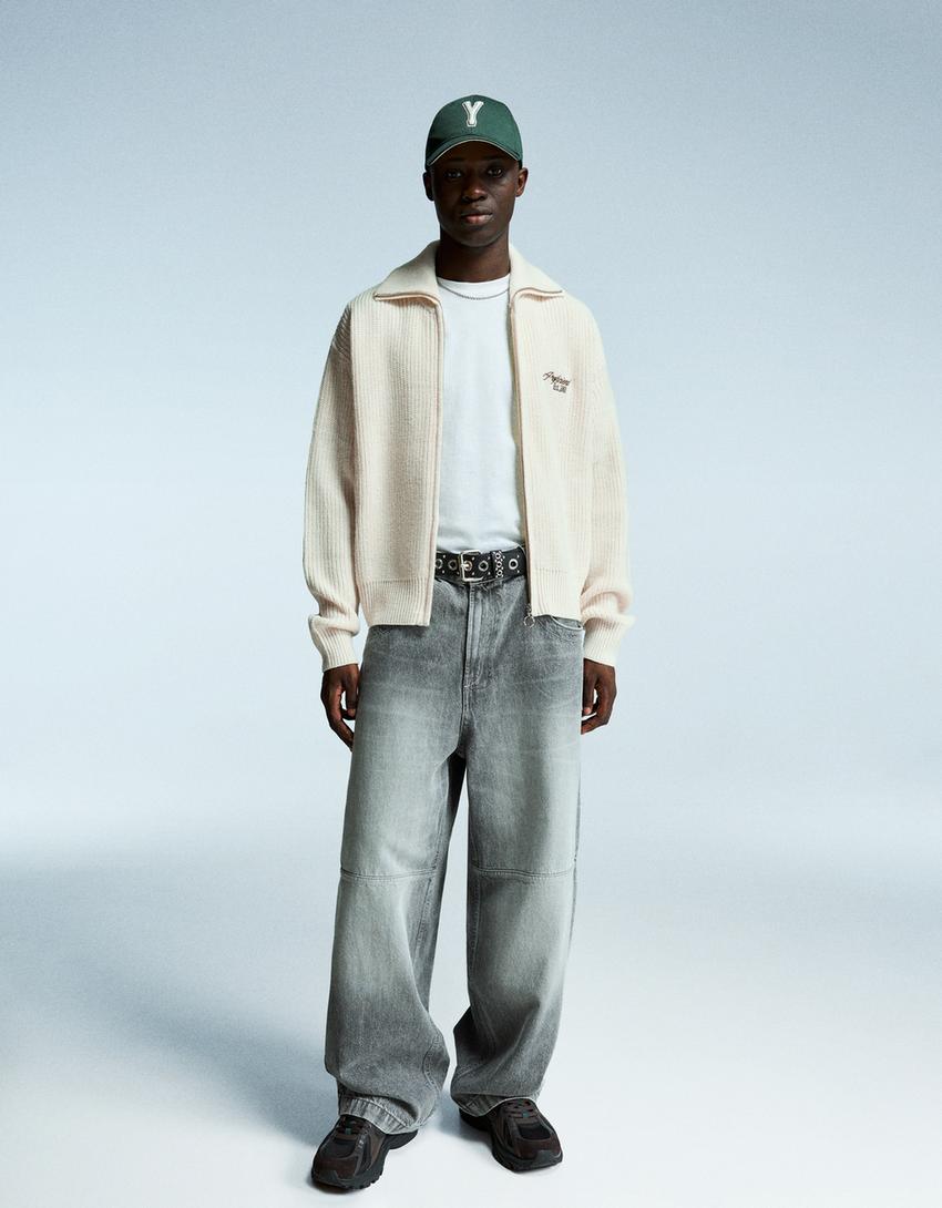 Veste zippée brodée-Blanc cassé