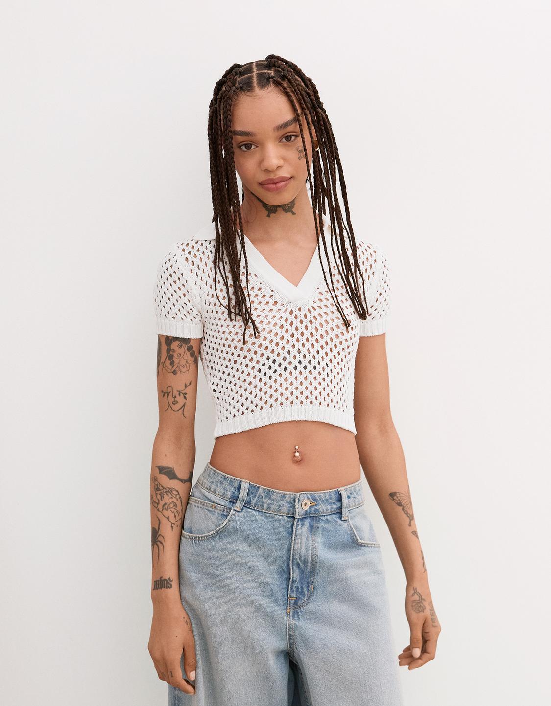 Short sleeve mesh polo collar sweater