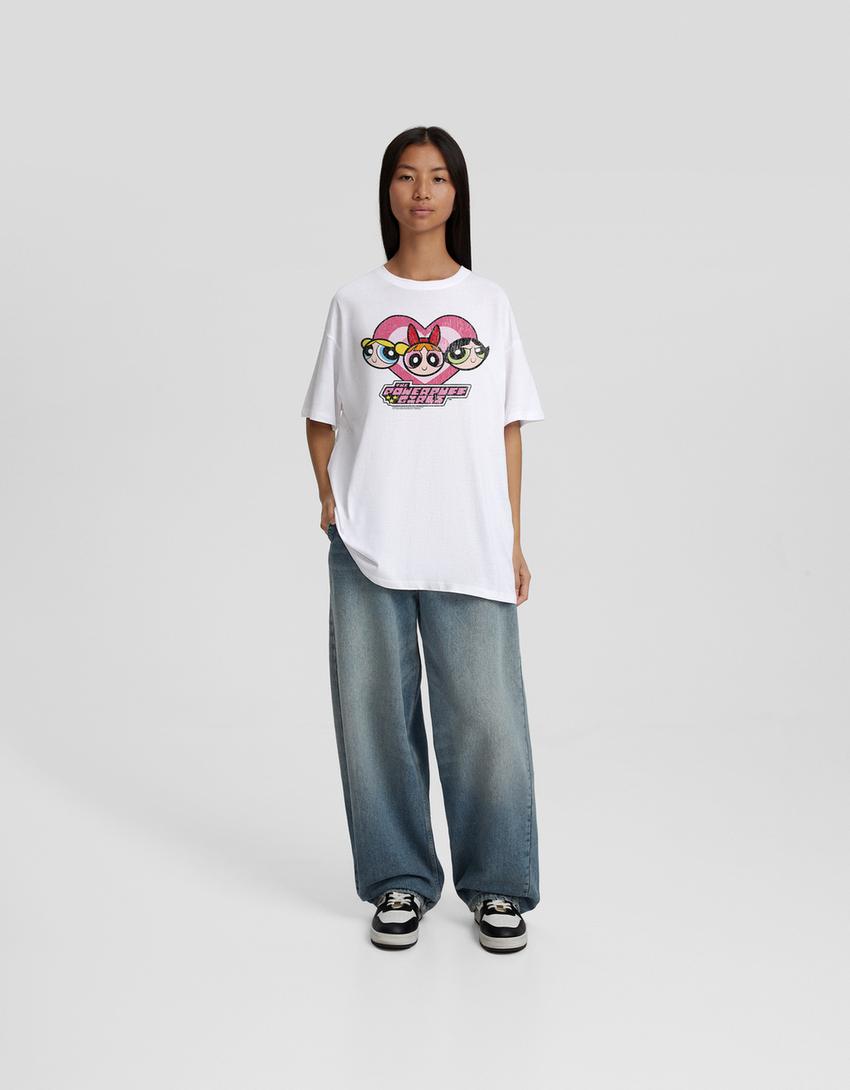 T-shirt Powerpuff Girls manga curta oversize estampado-Gelo-4