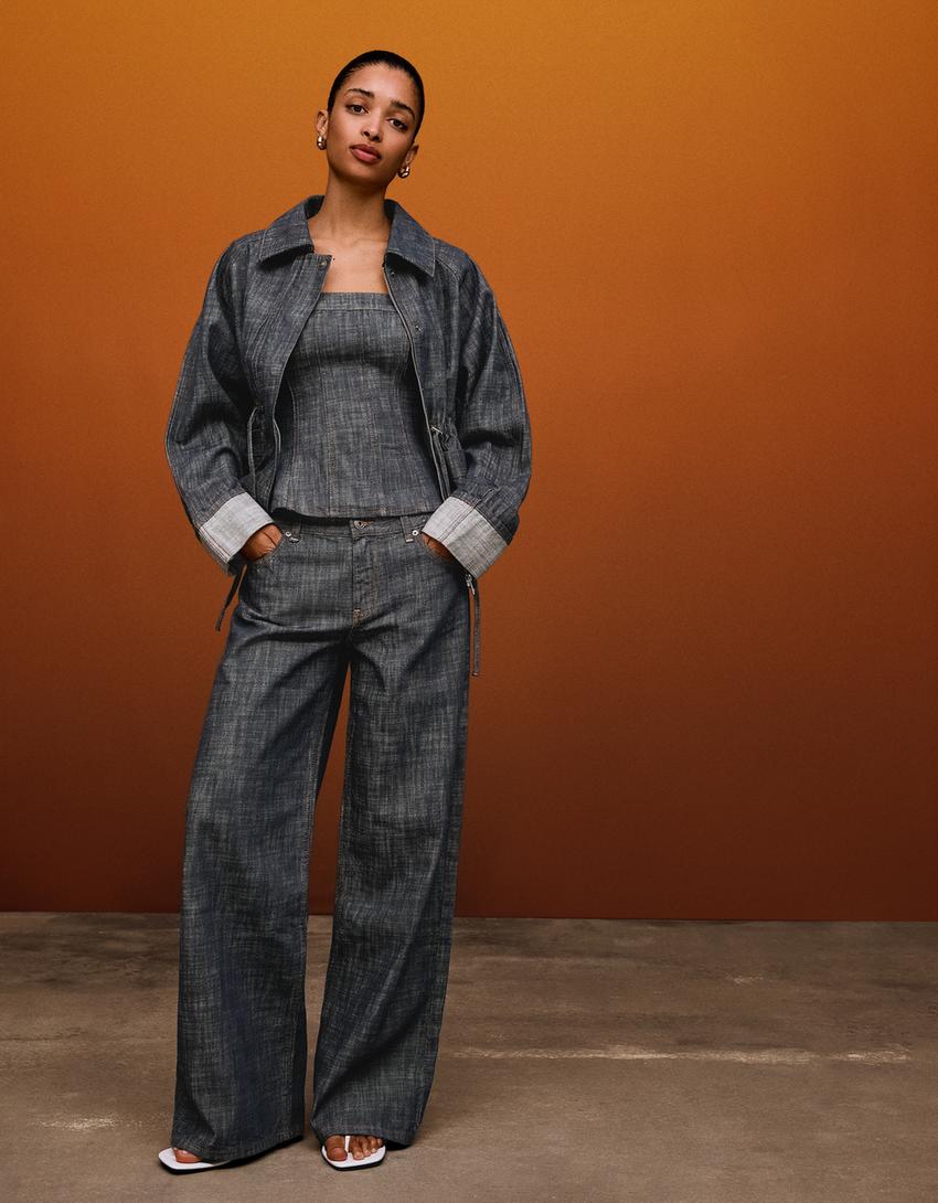 جاكيت دينيم بقياس كبير بارز الملمس-أزرق