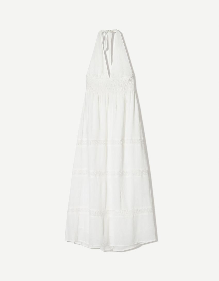 Robe encolure américaine volants-Blanc-4