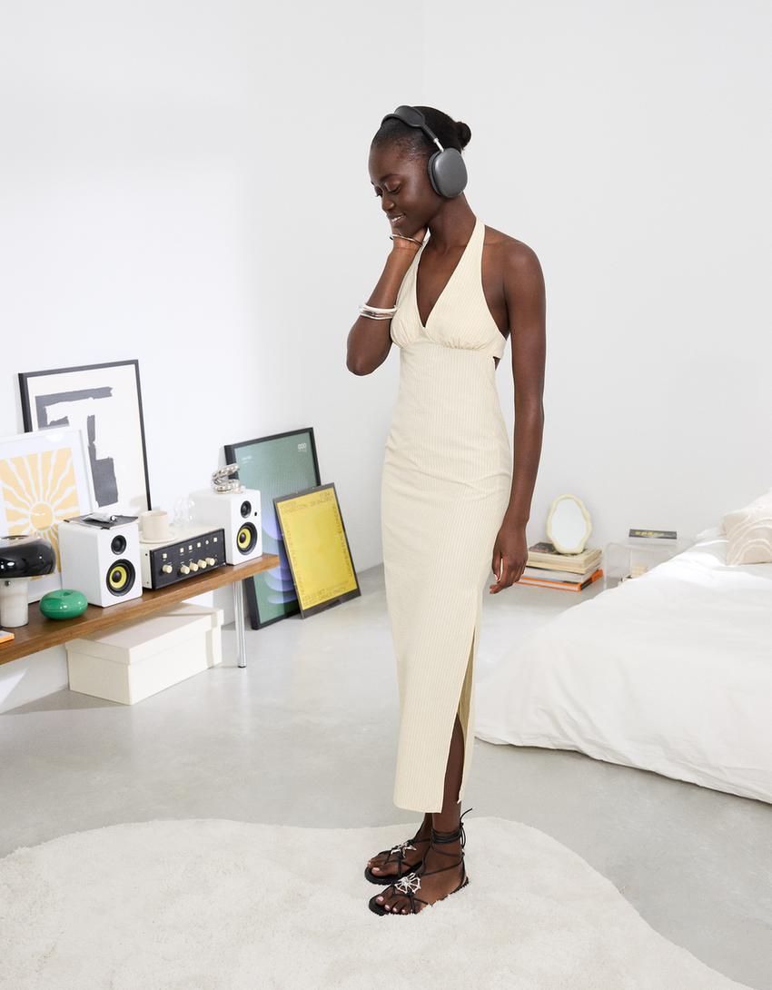 Robe midi encolure américaine-Moutarde-2