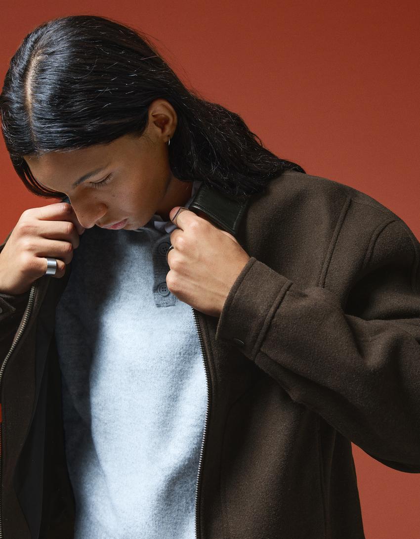 Synthetic wool jacket with contrast collar-Brown