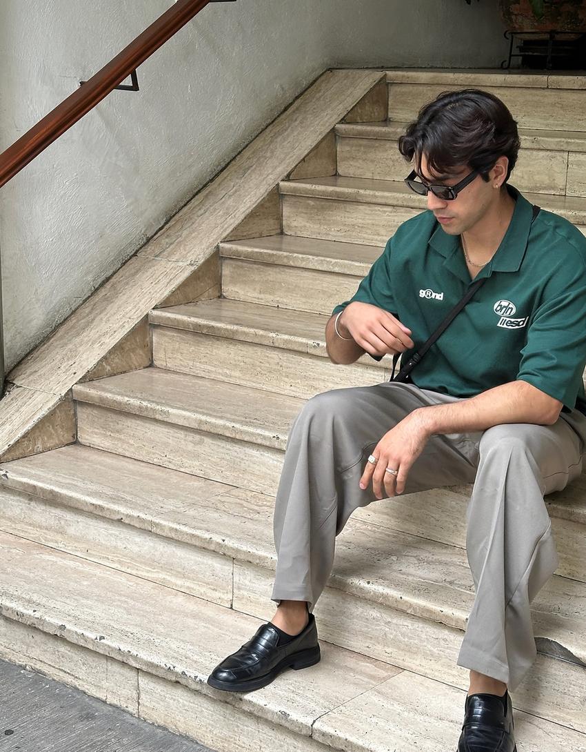 Baskılı ve kısa kollu polo yaka oversize t-shirt-Yeşil