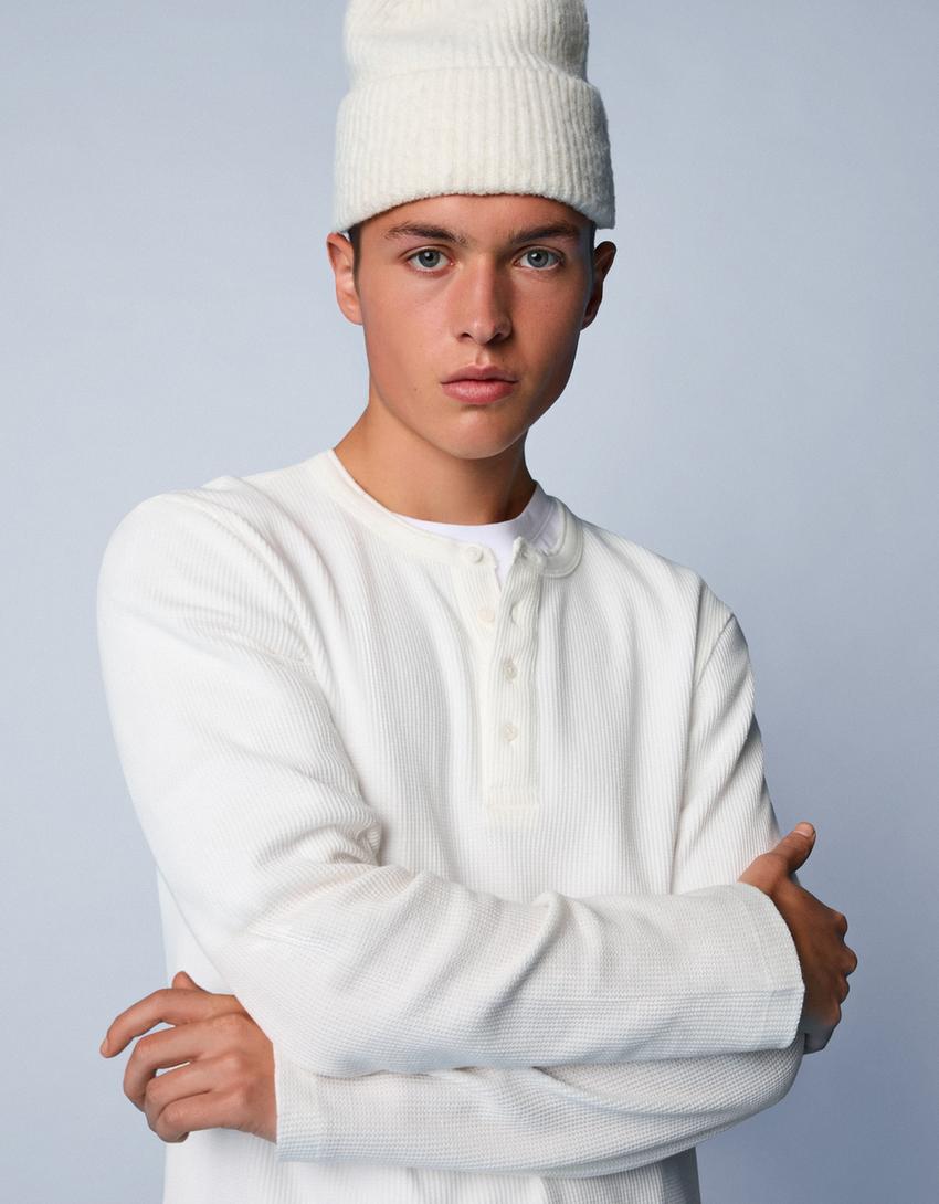 Camiseta manga longa henley slim fit-Branco roto