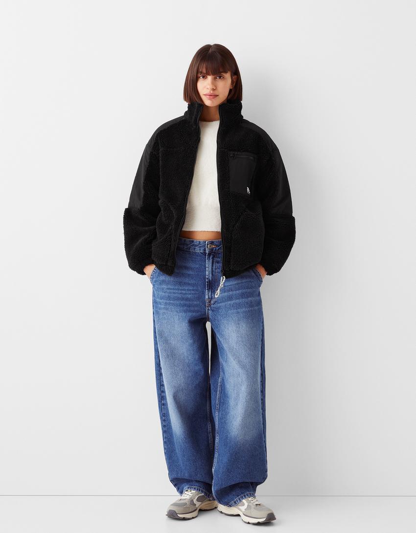 Contrast faux shearling nylon blend jacket-Black-3