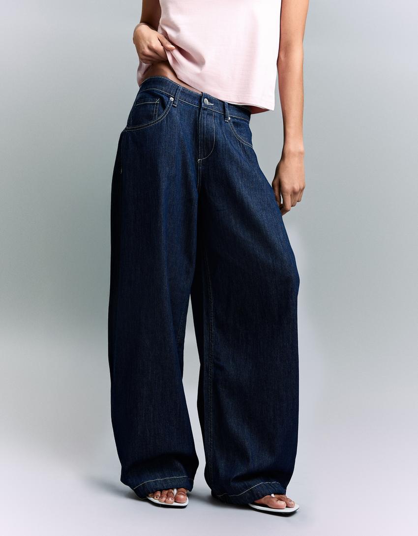 Low-rise wide-leg balloon jeans-Blue