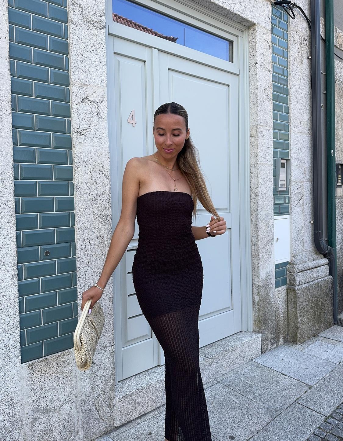 Rustic midi dress with bandeau neckline