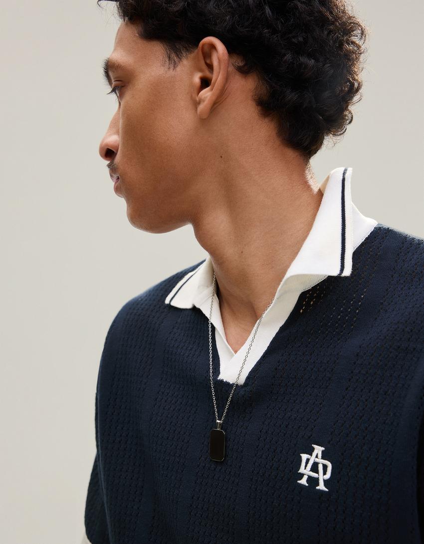 Short sleeve print polo shirt-Navy