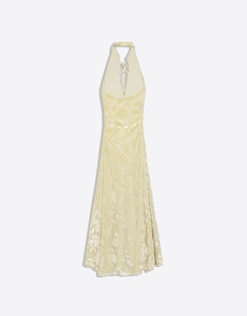 Flocked tulle halter midi dress-Green