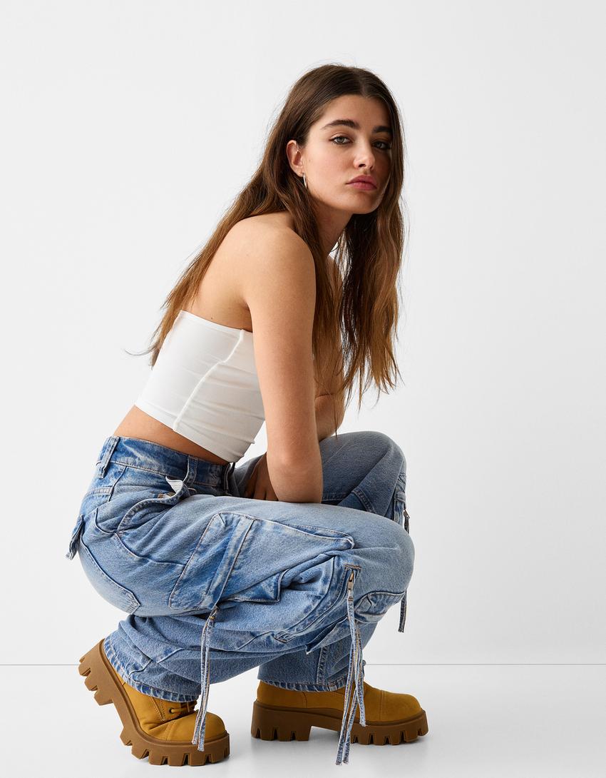 بنطال جينز كارغو واسع بسحّابات-أزرق فاتح-3