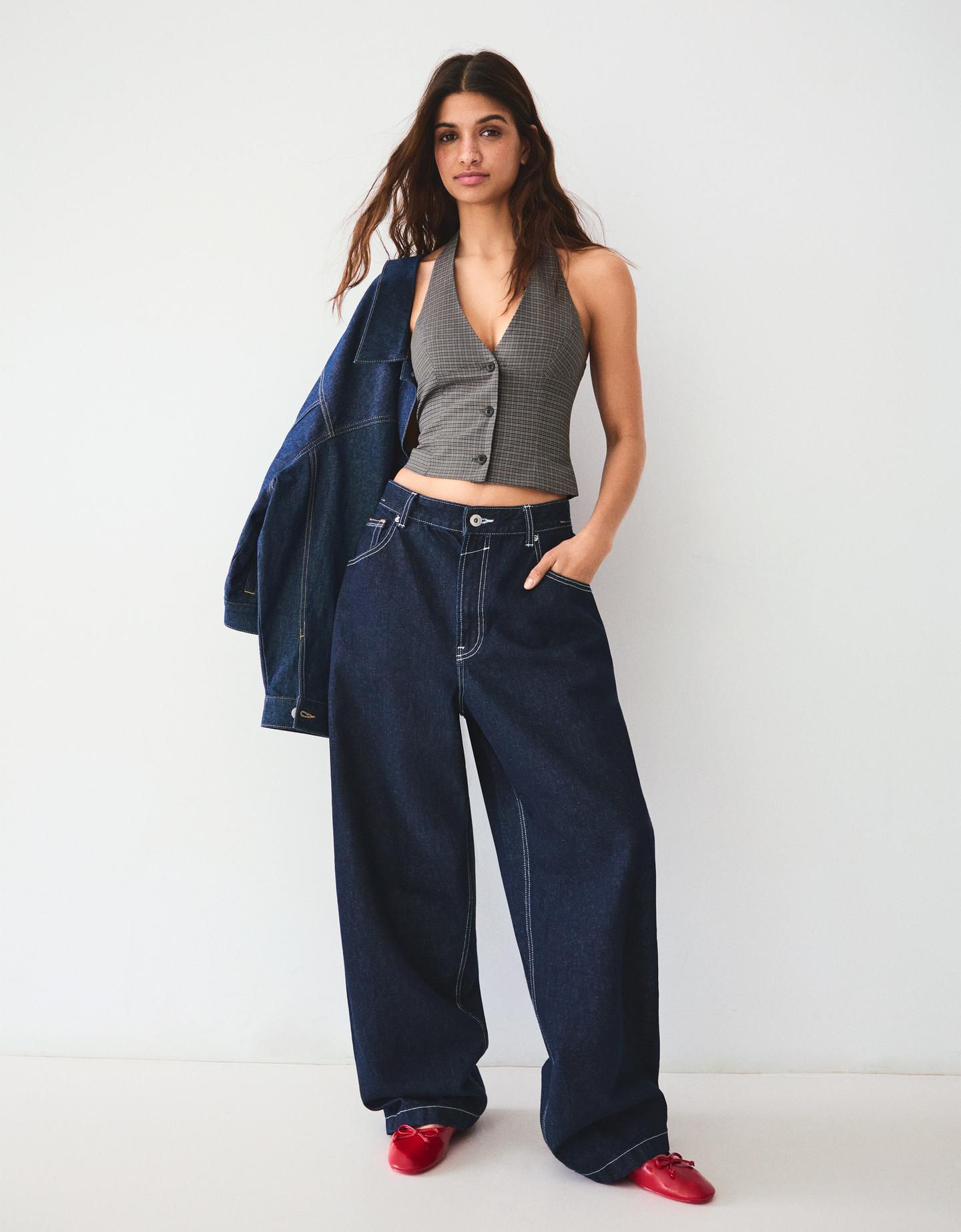 Bershka dopasowana kamizelka halter w kratę szary