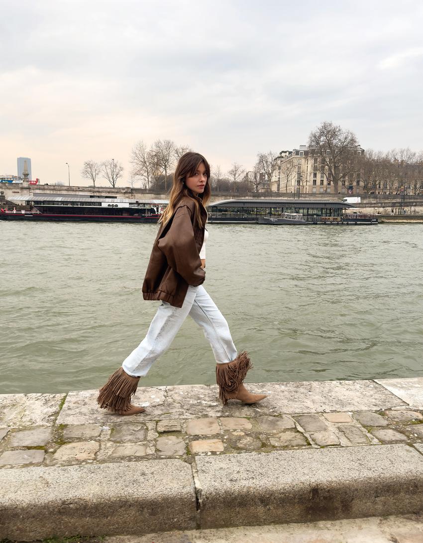 Kitten heel boots with fringing-Tan-1
