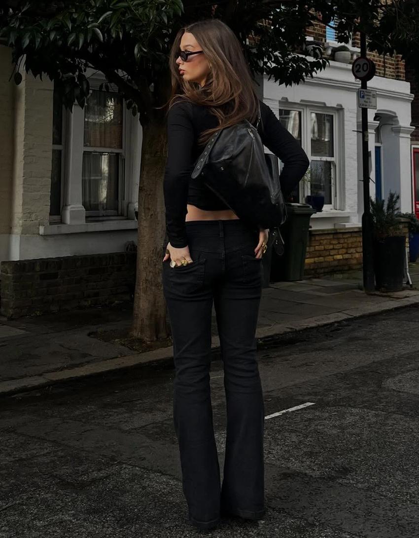 Jeans bootcut taille basse avec rabats-Noir