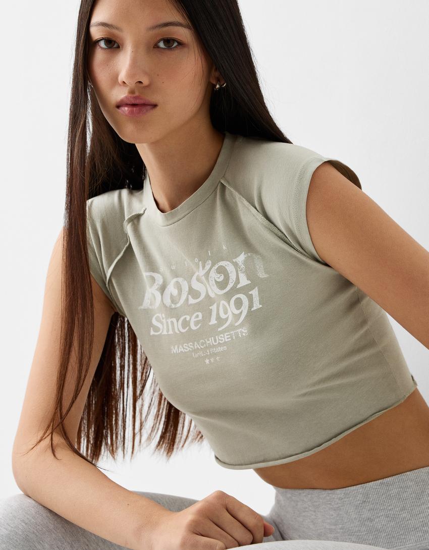 Kısa reglan kollu desenli t-shirt-Yeşil-2