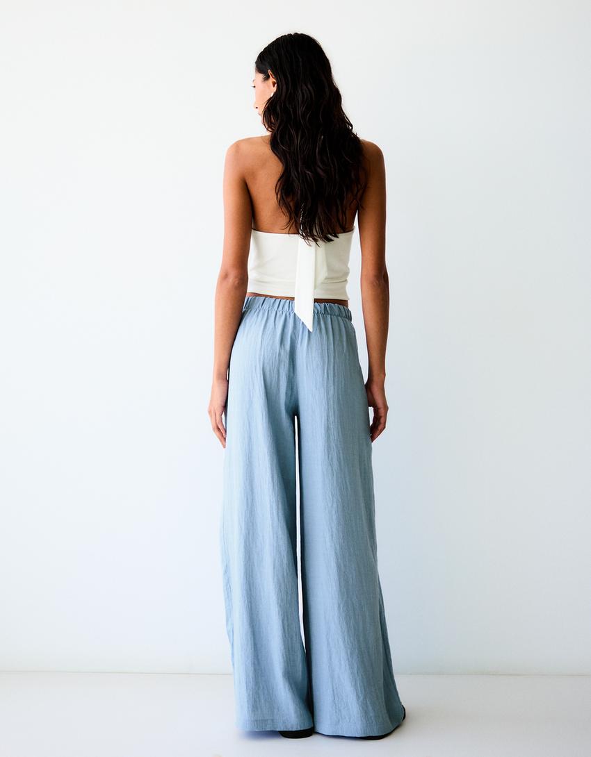 Wide-leg rustic pleated trousers-Light blue